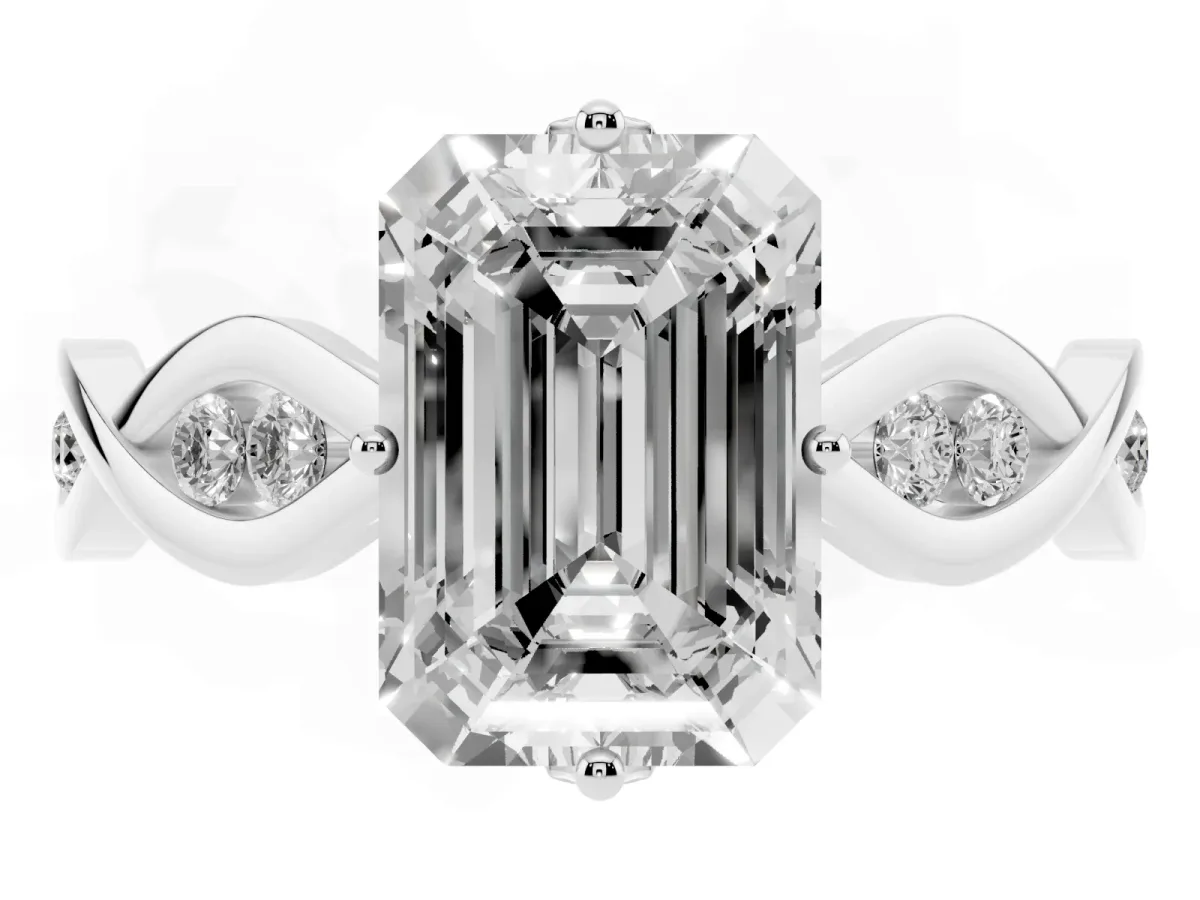Emerald Cut Solitaire Twist Band with Leaf Prong Setting Silver
