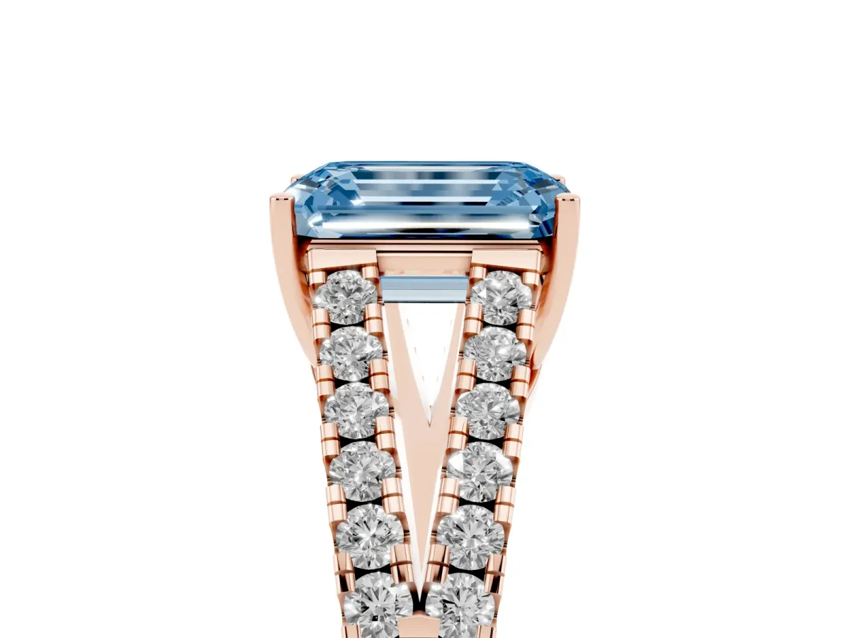 Fancy Blue Emerald Cut Diamond Split Shank Engagement Ring with Round Pavé and Prong Setting Rose gold