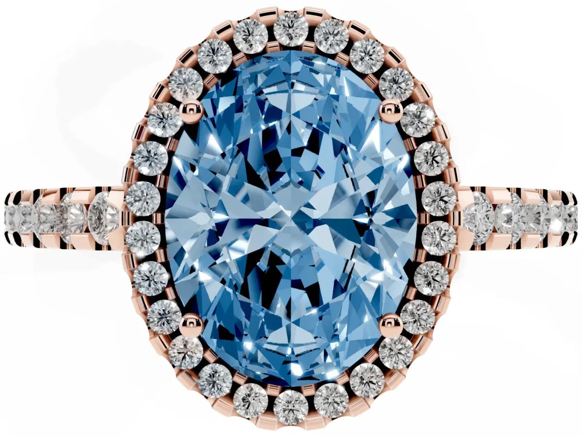 Fancy Blue Oval Cut Diamond Halo Engagement Ring with Pavé Band and Prong Setting Rose gold