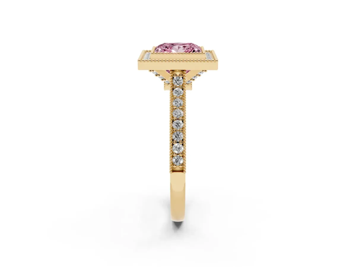 Fancy Pink Halo Princess Cut-Cut Diamond Pave Band Milgrain Prong Setting Ring Yellow gold
