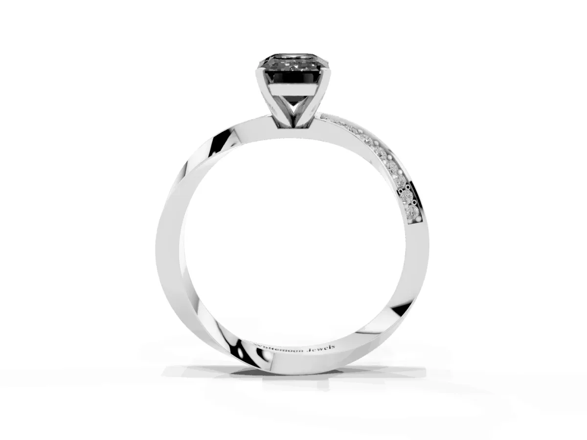 Fancy Black Emerald Cut Diamond Engagement Ring with Side Stone Accents and Four-Prong Setting Silver