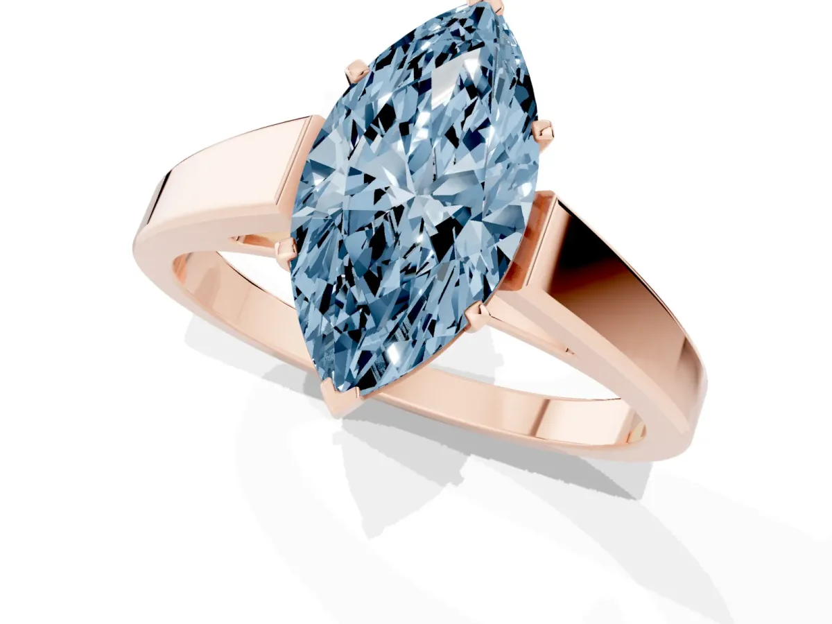 Fancy Blue Marquise Cut Solitaire Engagement Ring with Four-Prong Setting and Tapered Band Rose gold