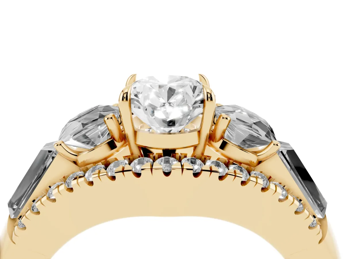 Three-Stone Oval Cut Diamond Engagement Ring with Pave Band and Prong Setting Yellow gold
