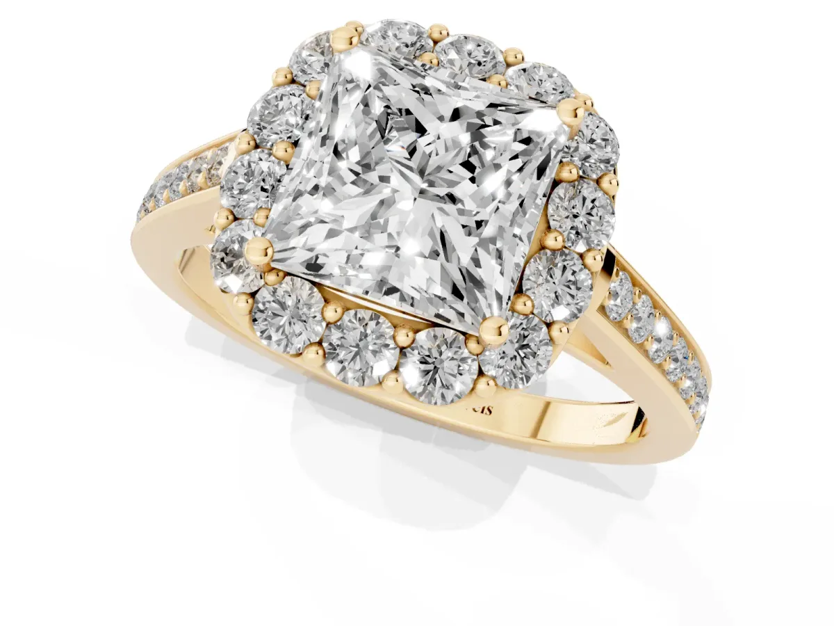 Princess Cut Diamond Floral Halo Ring with Pavé Band and Prong Setting Yellow gold