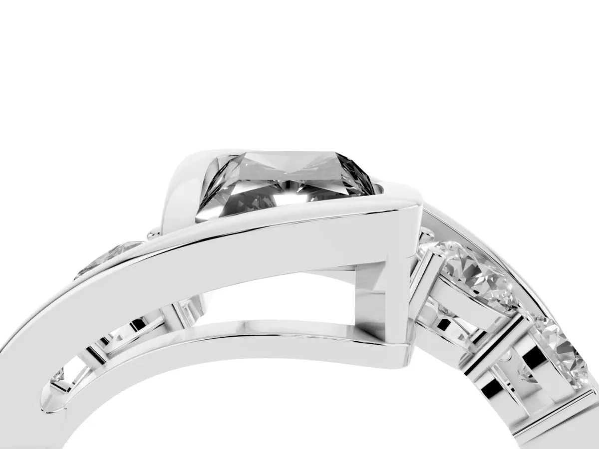 Fancy Black Bezel Set Radiant Cut Diamond Bypass Ring with Round Accents Silver
