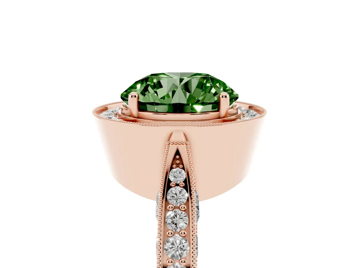 Fancy Green Round Cut Halo Diamond Engagement Ring with Split Shank Band and Four-Prong Setting Rose gold