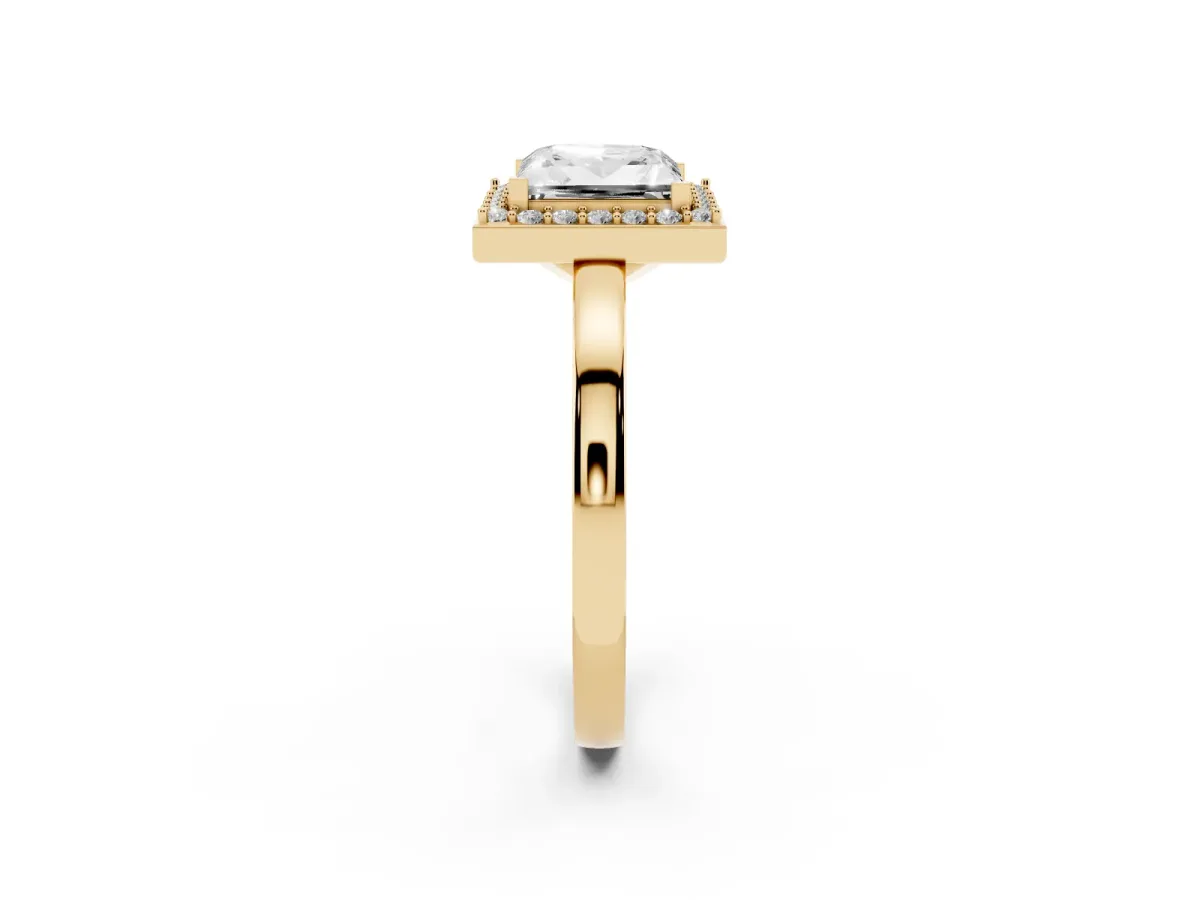 Princess Cut Halo Diamond Ring with Solitaire Band and Prong Setting Yellow gold