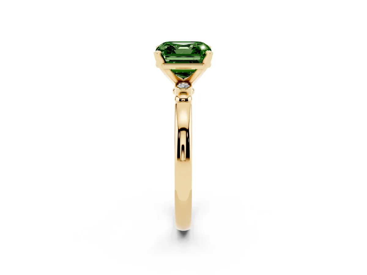 Fancy Green Asscher Cut Solitaire Beaded Band with Four-Prong Setting Yellow gold
