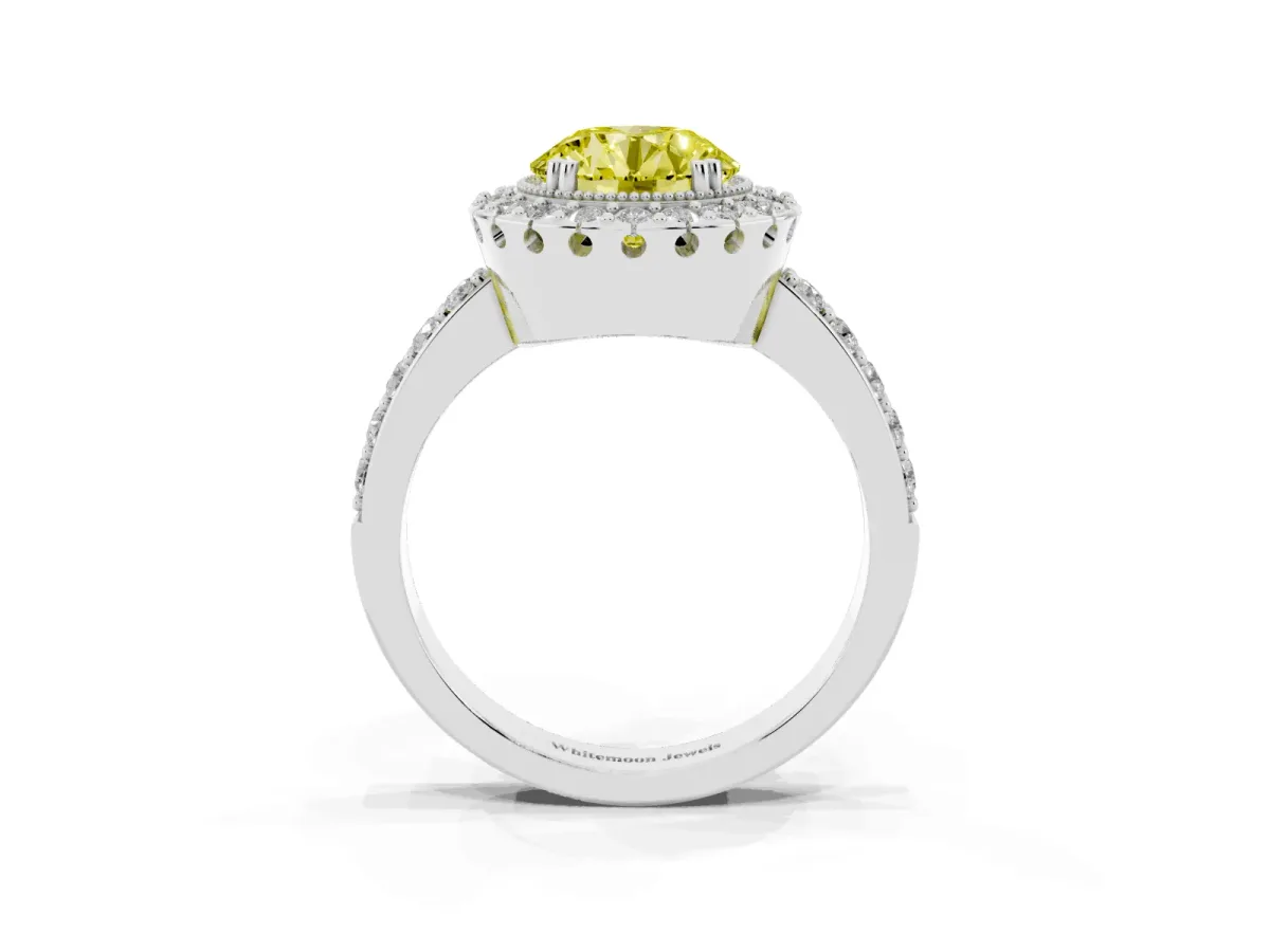 Fancy Yellow Round Cut Diamond Halo Ring with Pavé Band and Prong Setting Silver
