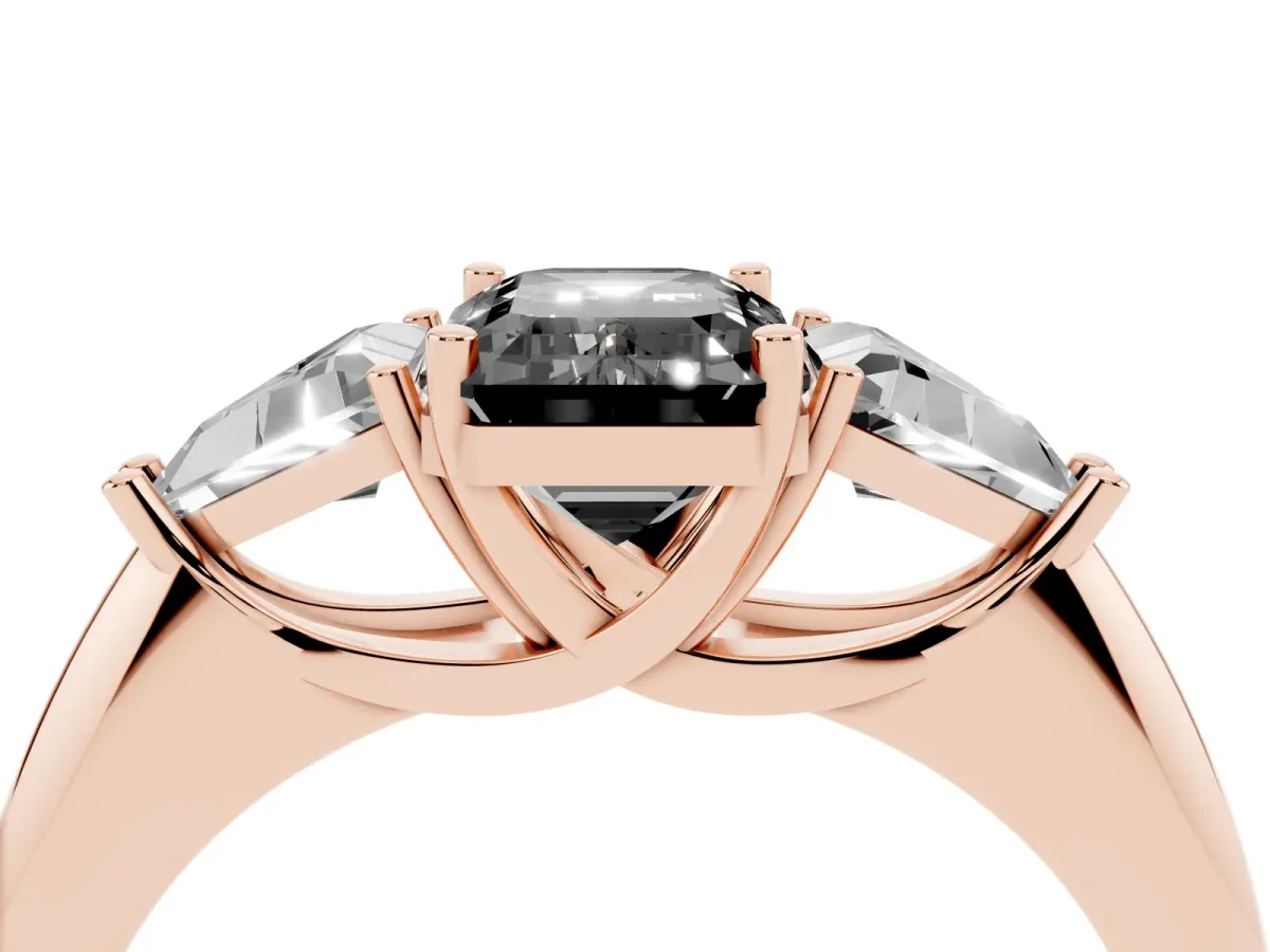 Fancy Black Three-Stone Emerald Cut Diamond Engagement Ring with Trillion Side Stones and Prong Setting Rose gold