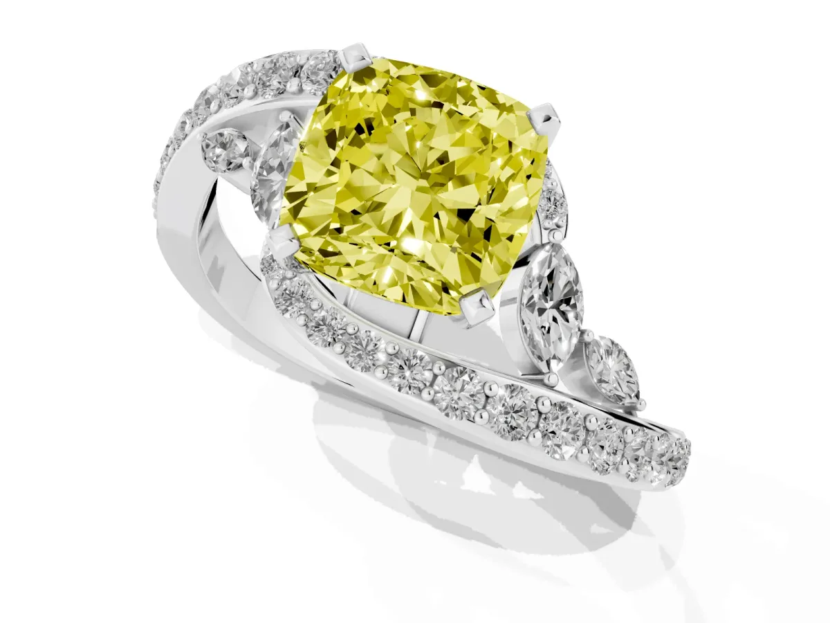 Fancy Yellow Cushion Cut Solitaire with Pavé Twist Band and Four-Prong Setting Platinum
