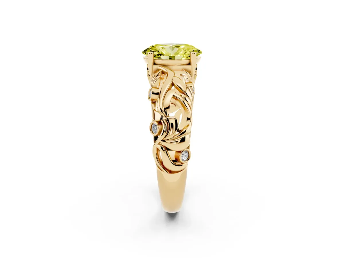 Fancy Yellow Oval Cut Solitaire Diamond Leaf-Inspired Vine Band Ring with Prong Setting Yellow gold