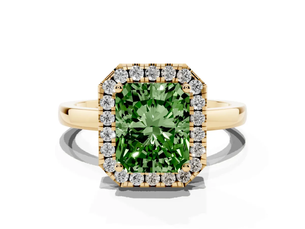Fancy Green Radiant Cut Halo Diamond Solitaire with Pavé Band and Four-Prong Setting Yellow gold