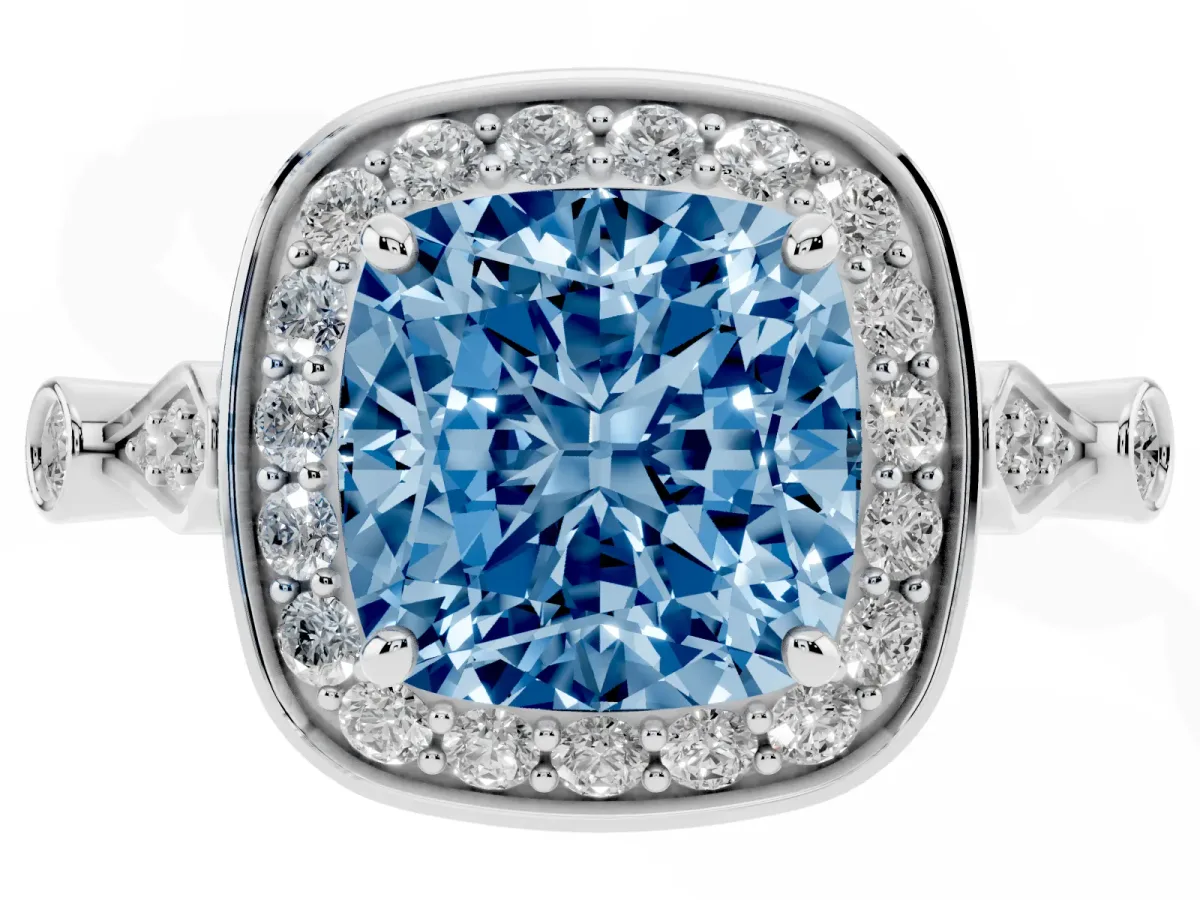 Fancy Blue Cushion Cut Halo Diamond Engagement Ring with Twisted Band and Four-Prong Setting Silver