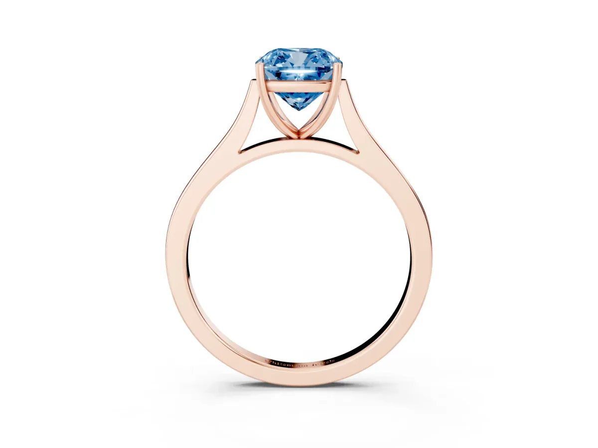 Fancy Blue Cushion Cut Solitaire Heart Prong Engagement Ring with Tapered Band Rose gold