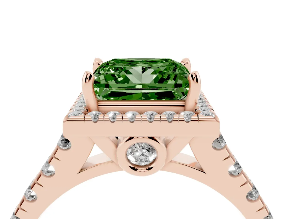Fancy Green Princess Cut Halo Pavé Diamond Engagement Ring with Four-Prong Setting Rose gold