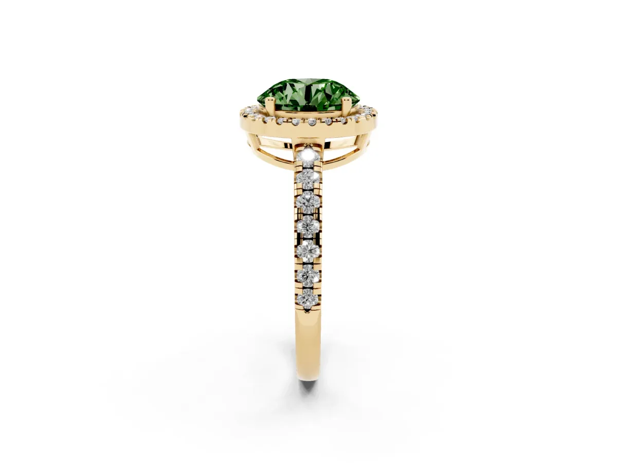 Fancy Green Round Cut Diamond Halo Ring with Pavé Band and Four-Prong Setting Yellow gold