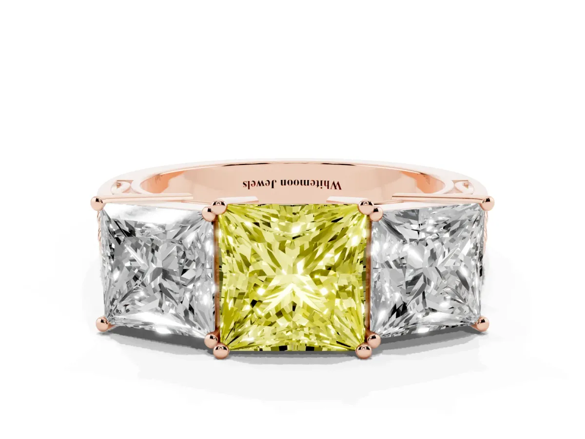 Fancy Yellow Princess Cut Diamond Three-Stone Ring with Prong Setting and Textured Band Rose gold