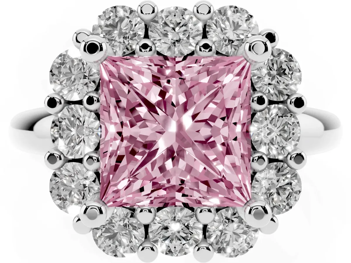 Fancy Pink Princess Cut Halo Cluster Diamond Engagement Ring with Prong Setting and Polished Band Platinum
