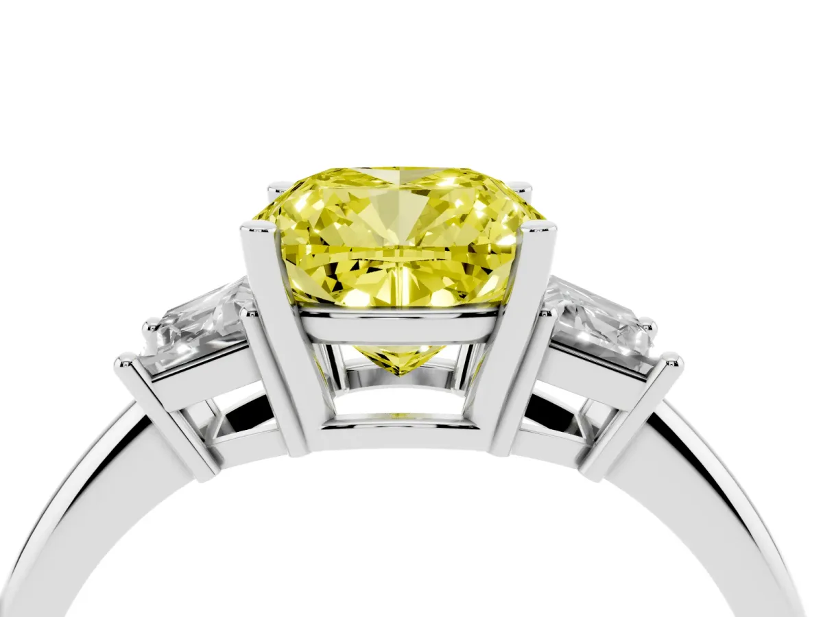 Fancy Yellow Cushion Cut Diamond Three-Stone Ring with Trapezoid Side Stones and Prong Setting Silver