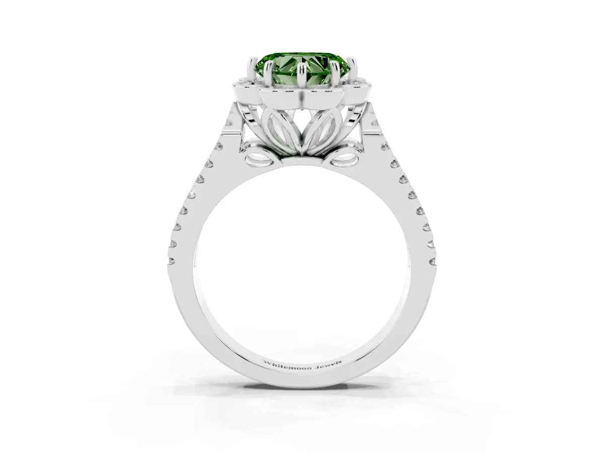 Fancy Green Heart Cut Halo Diamond Floral Split Shank Engagement Ring Silver
