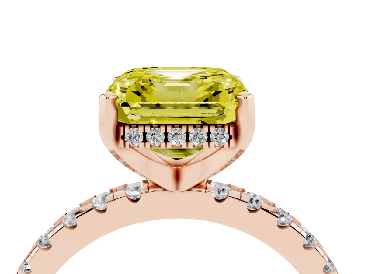Fancy Yellow Asscher Cut Diamond Solitaire Ring with Round Pavé Band and Four-Prong Setting Rose gold