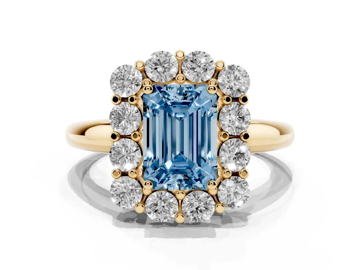 Fancy Blue Emerald Cut Halo Cluster Diamond Engagement Ring with Prong Setting and Polished Band Yellow gold