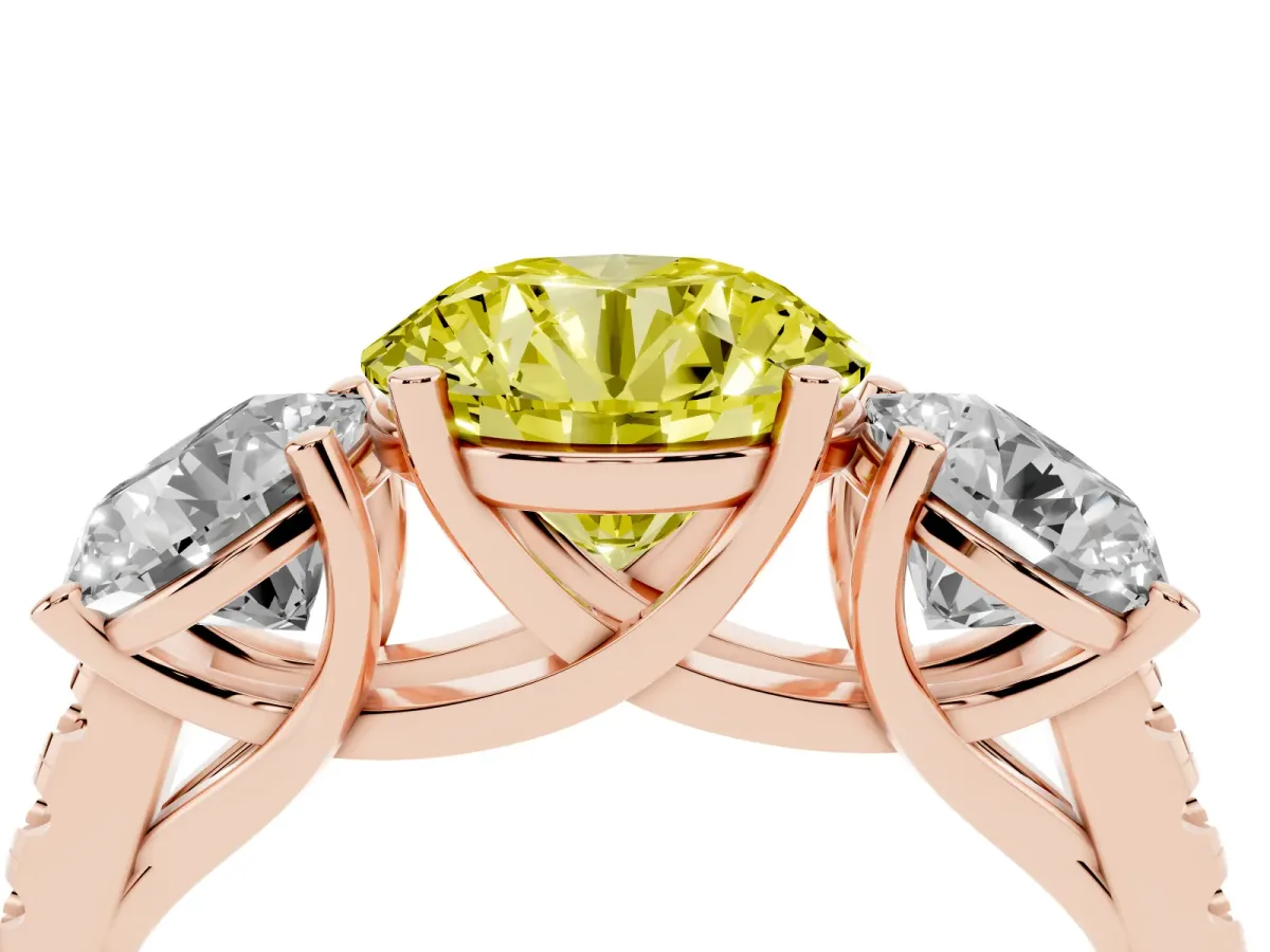 Fancy Yellow Three-Stone Round Cut Diamond Ring with Round Pavé Band and Prong Setting Rose gold
