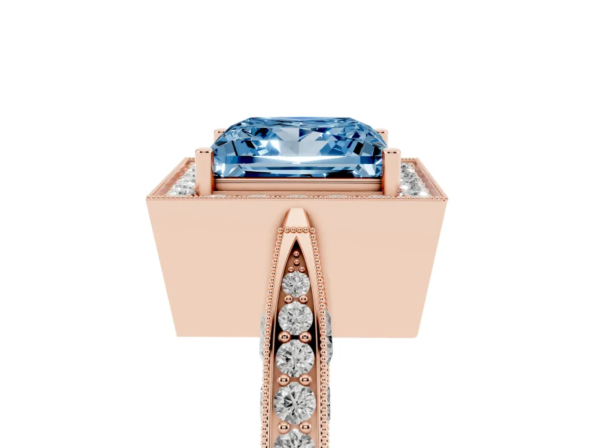 Fancy Blue Princess Cut Halo Diamond Engagement Ring with Split Shank Band and Four-Prong Setting Rose gold