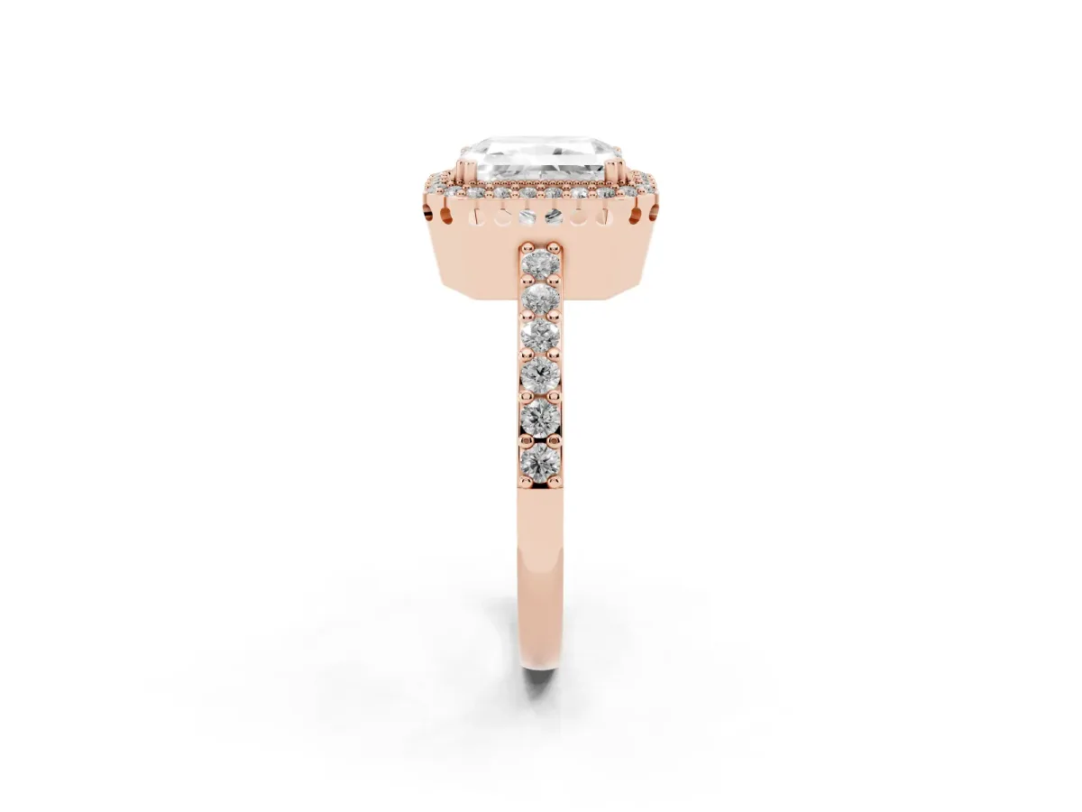 Radiant Cut Cut Diamond Halo Engagement Ring with Milgrain Detail and Pavé Band Rose gold