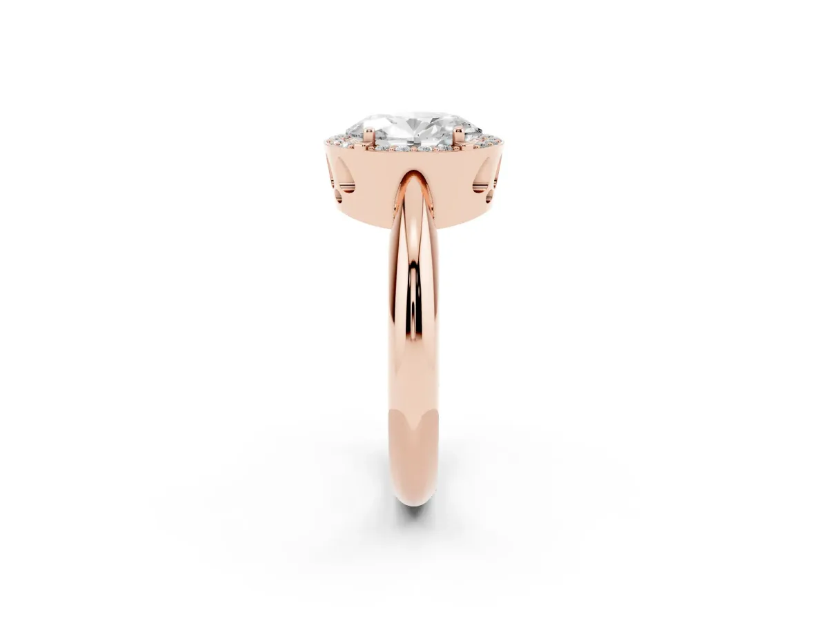 Oval Cut Cut Diamond Halo Engagement Ring with Split Shank and Four-Prong Setting Rose gold