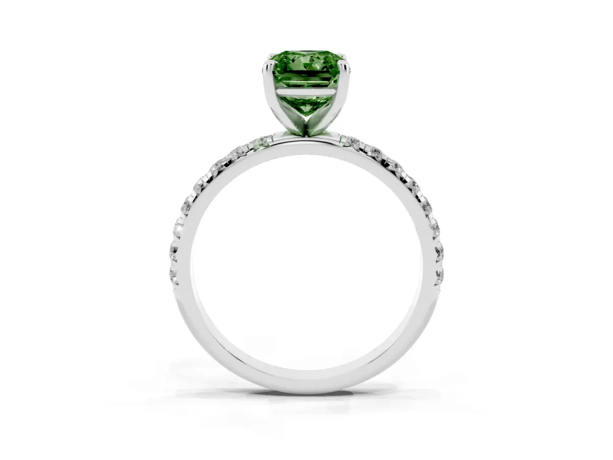 Fancy Green Radiant Cut Cut Diamond Solitaire Ring with Micro Pave Band and Four Prong Setting Platinum