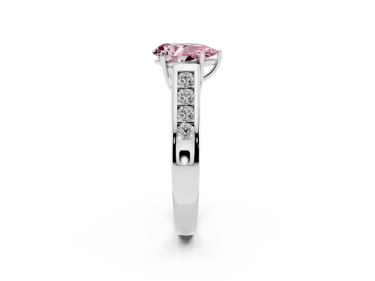 Fancy Pink Pear Cut Brilliant Channel-Set Solitaire Ring with Four-Prong Setting Silver
