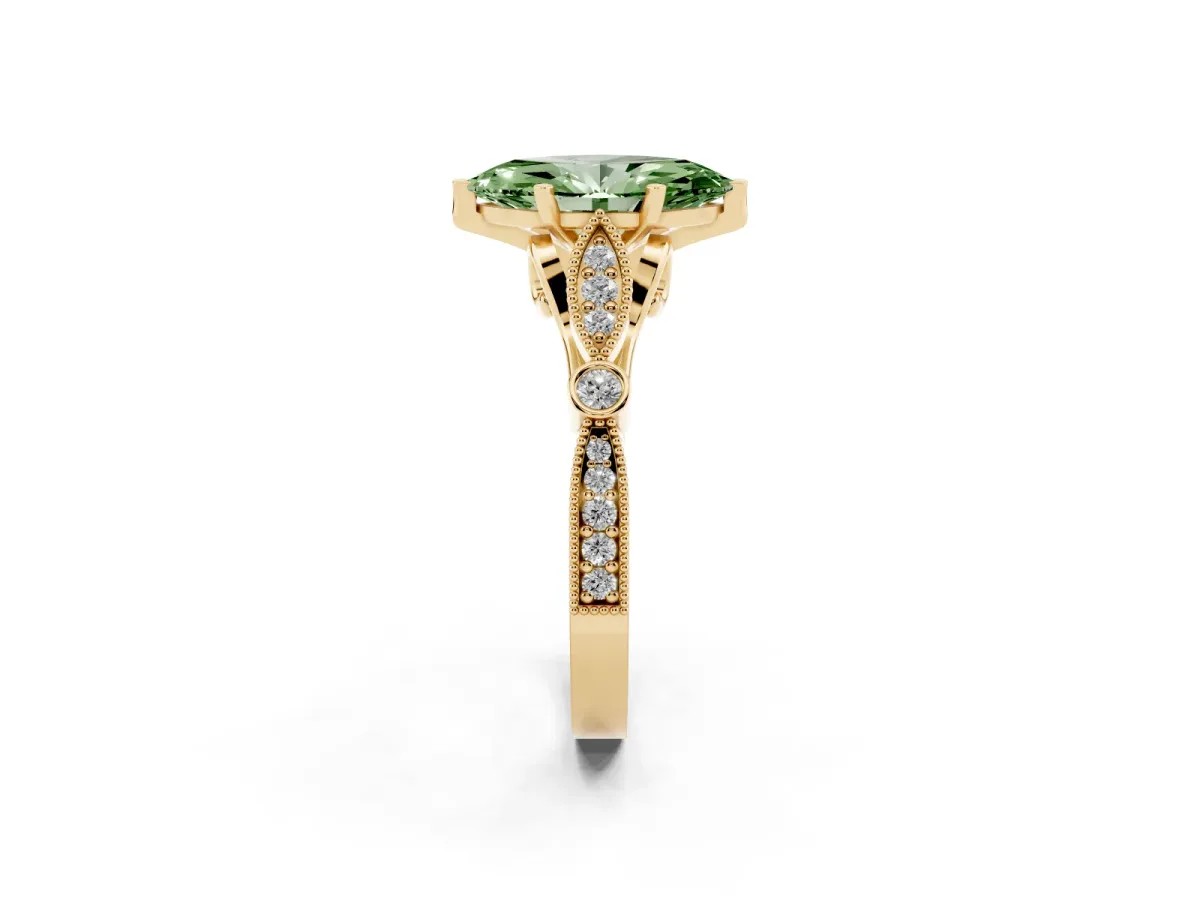 Fancy Green Marquise Cut Cut Diamond with Milgrain Marquise and Bezel Accents on a Solitaire Band with Prong Setting Yellow gold