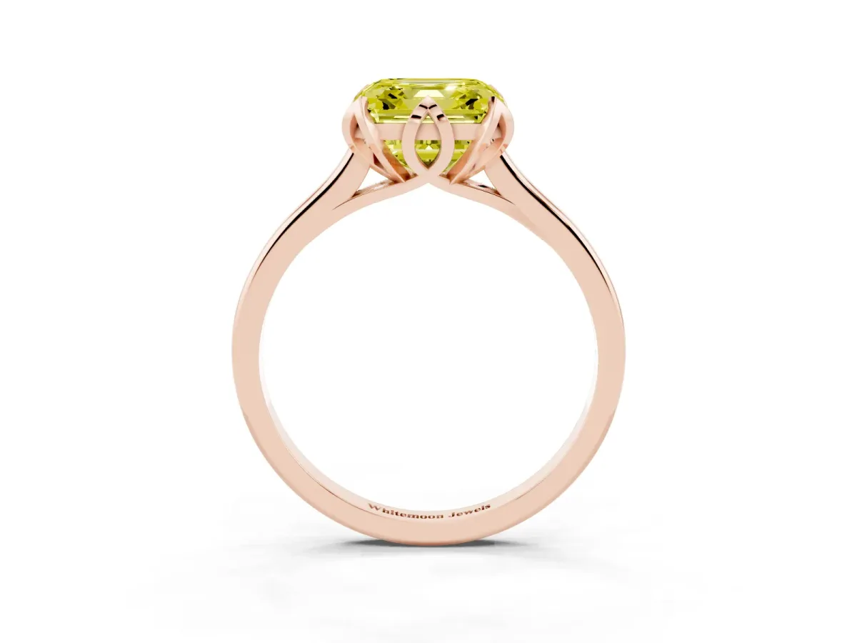 Fancy Yellow Asscher Cut Diamond Solitaire Ring with Flower Prong Setting and Classic Band Rose gold