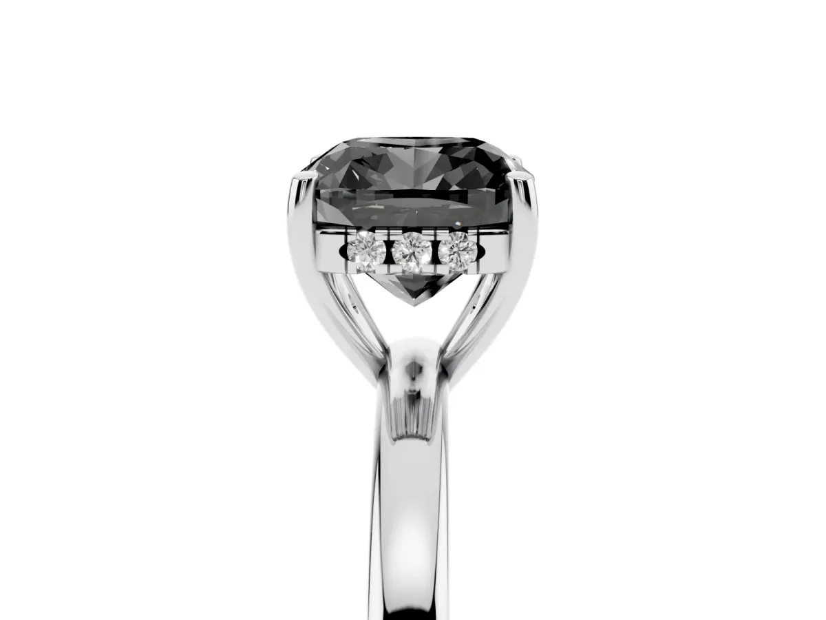 Fancy Black Cushion Cut Solitaire Diamond Ring with Prong Setting and Plain Band Platinum