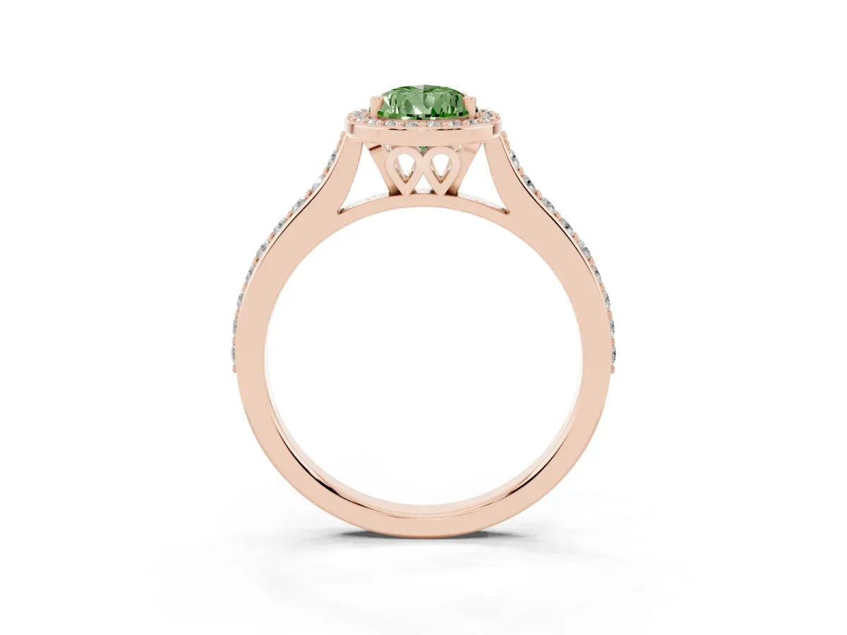 Fancy Green Pear Cut Diamond Halo Engagement Ring with Round Pavé Shoulders and Prong Setting Rose gold