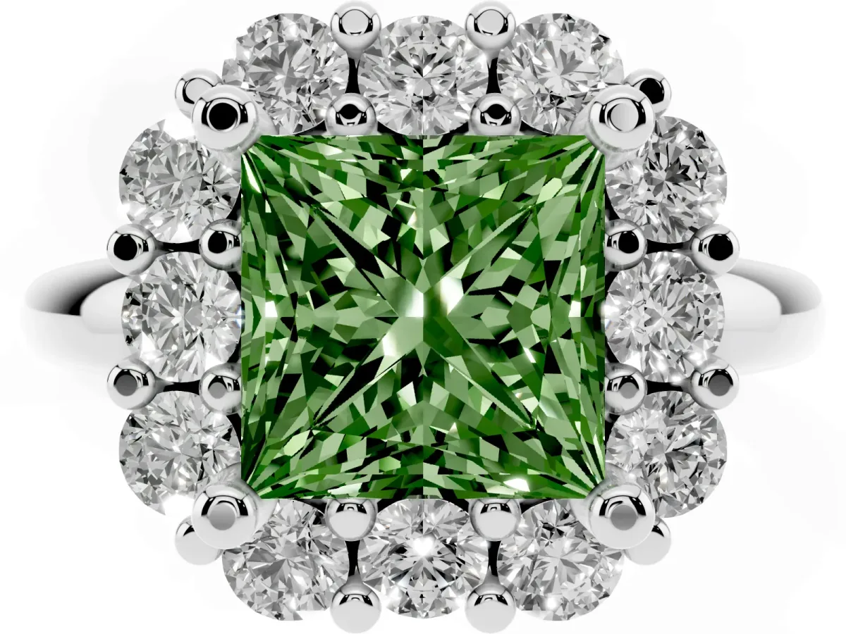 Fancy Green Princess Cut Halo Cluster Diamond Engagement Ring with Prong Setting and Polished Band Platinum
