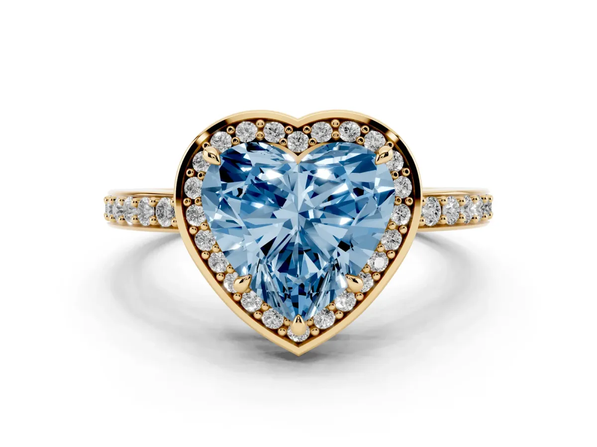 Fancy Blue Heart Cut Halo Pave Band Solitaire Ring with Prong Setting Yellow gold