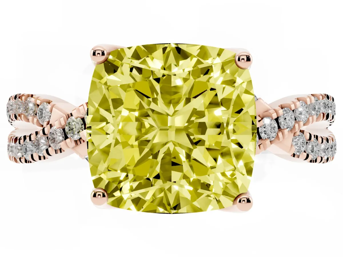 Fancy Yellow Cushion Cut Solitaire Twist Pave Diamond Engagement Ring with Prong Setting Rose gold