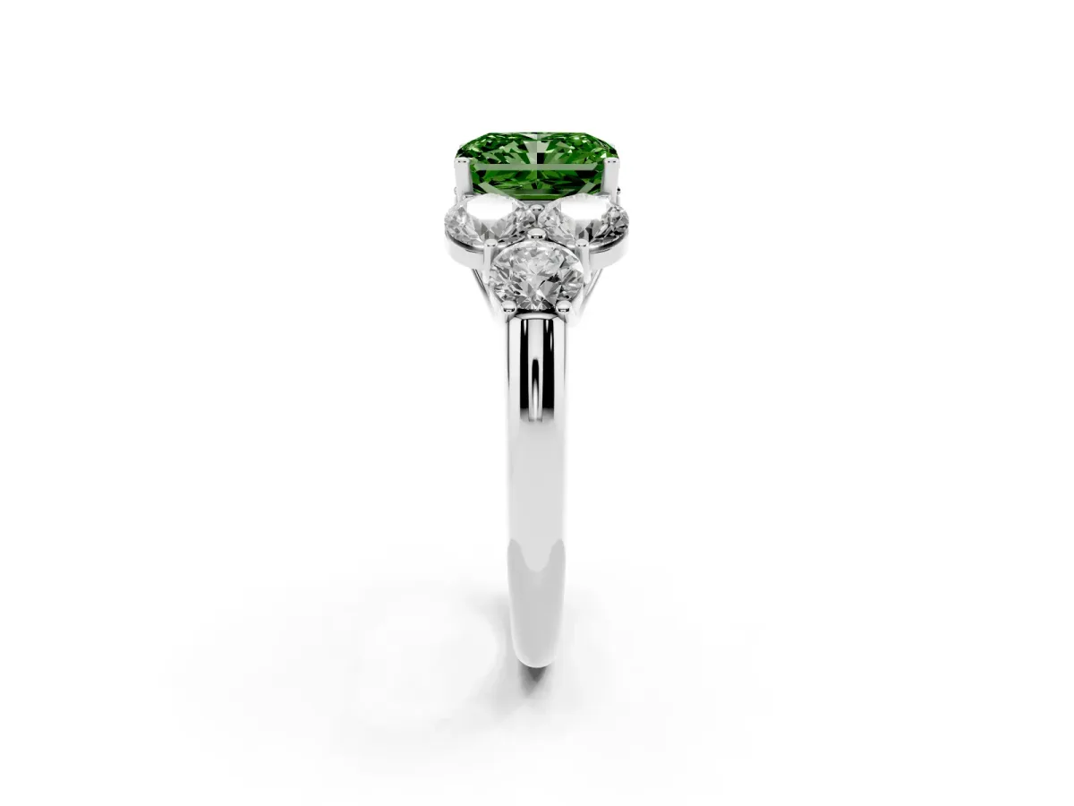 Fancy Green Radiant Cut Cut Diamond Cluster Ring with Round Accent Stones and Prong Setting on a Classic Band Silver