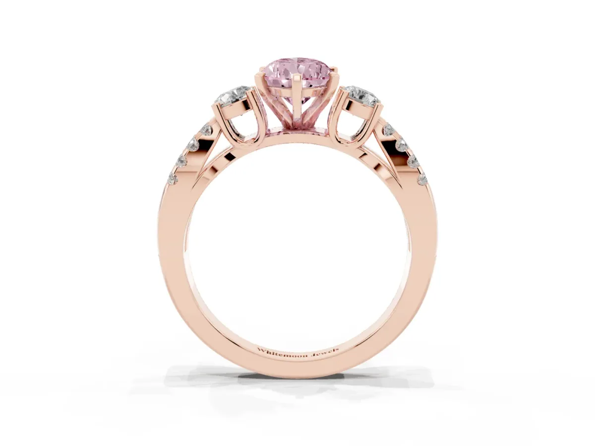 Fancy Pink Pear Cut Diamond Three-Stone Ring with Pavé Split Shank and Four-Prong Setting Rose gold