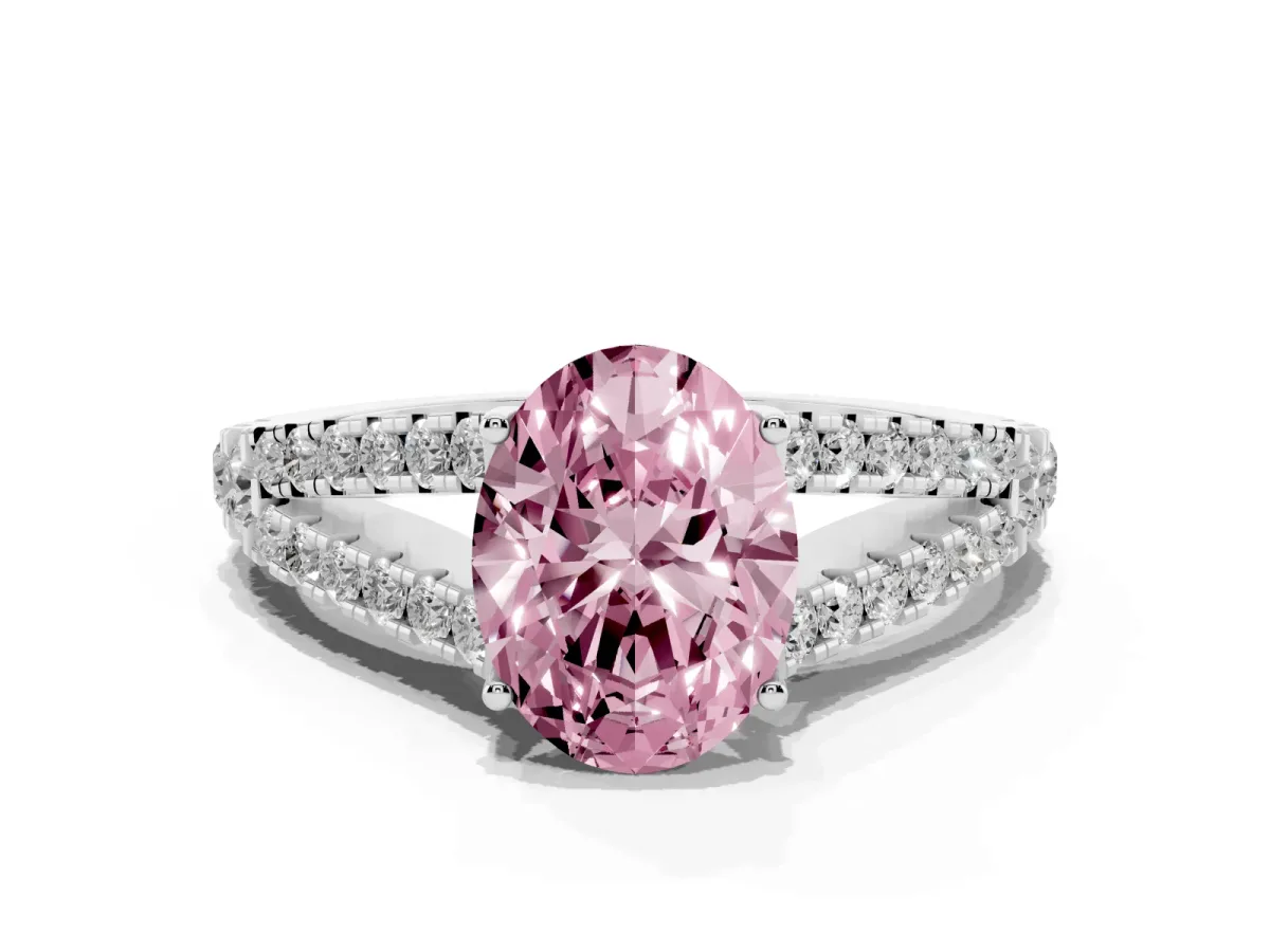 Fancy Pink Oval Cut Diamond Split Shank Pavé Engagement Ring with Four-Prong Setting White gold