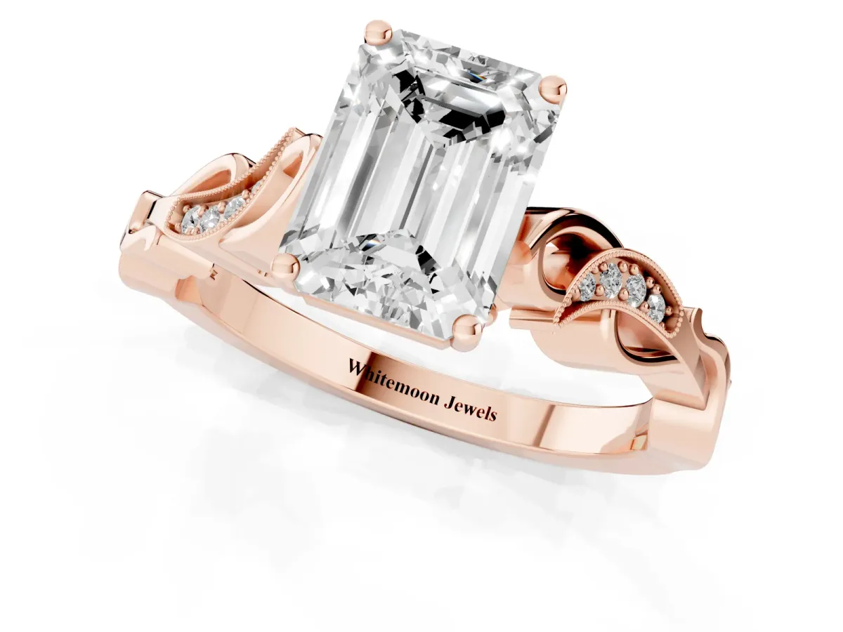Emerald Cut Solitaire Vine Band with Milgrain Prong Setting Rose gold