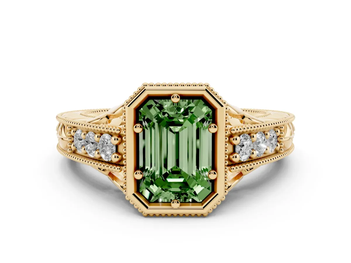 Fancy Green Bezel Set Emerald Cut Diamond Milgrain Pave Engagement Ring Yellow gold