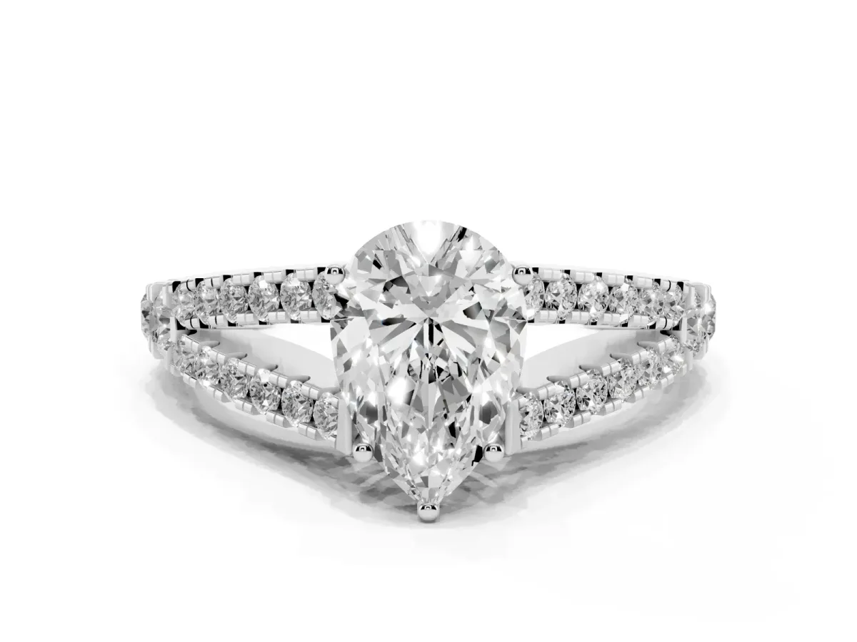 Pear Cut Diamond Split Shank Engagement Ring with Round Pavé and Prong Setting Silver