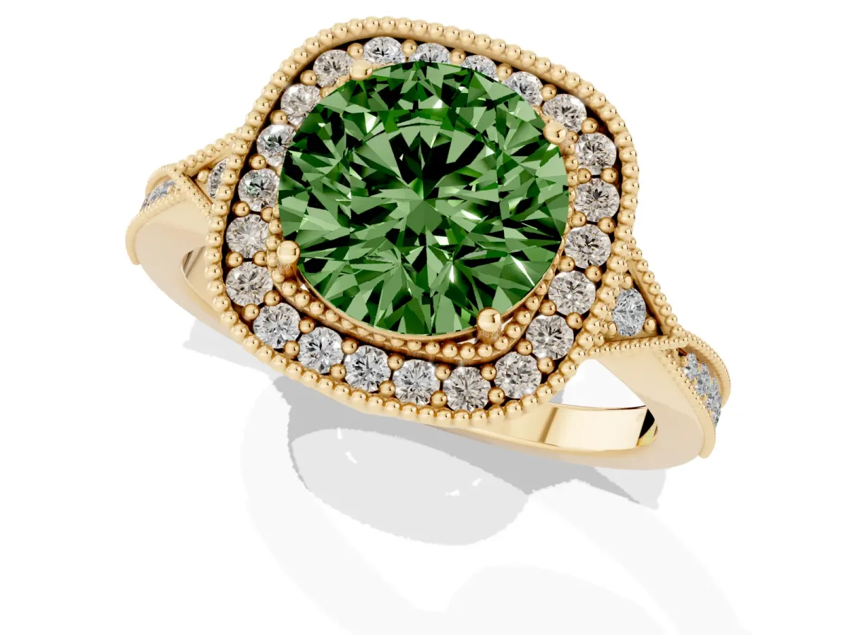 Fancy Green Round Cut Halo Round Diamond Milgrain Pave Engagement Ring Yellow gold