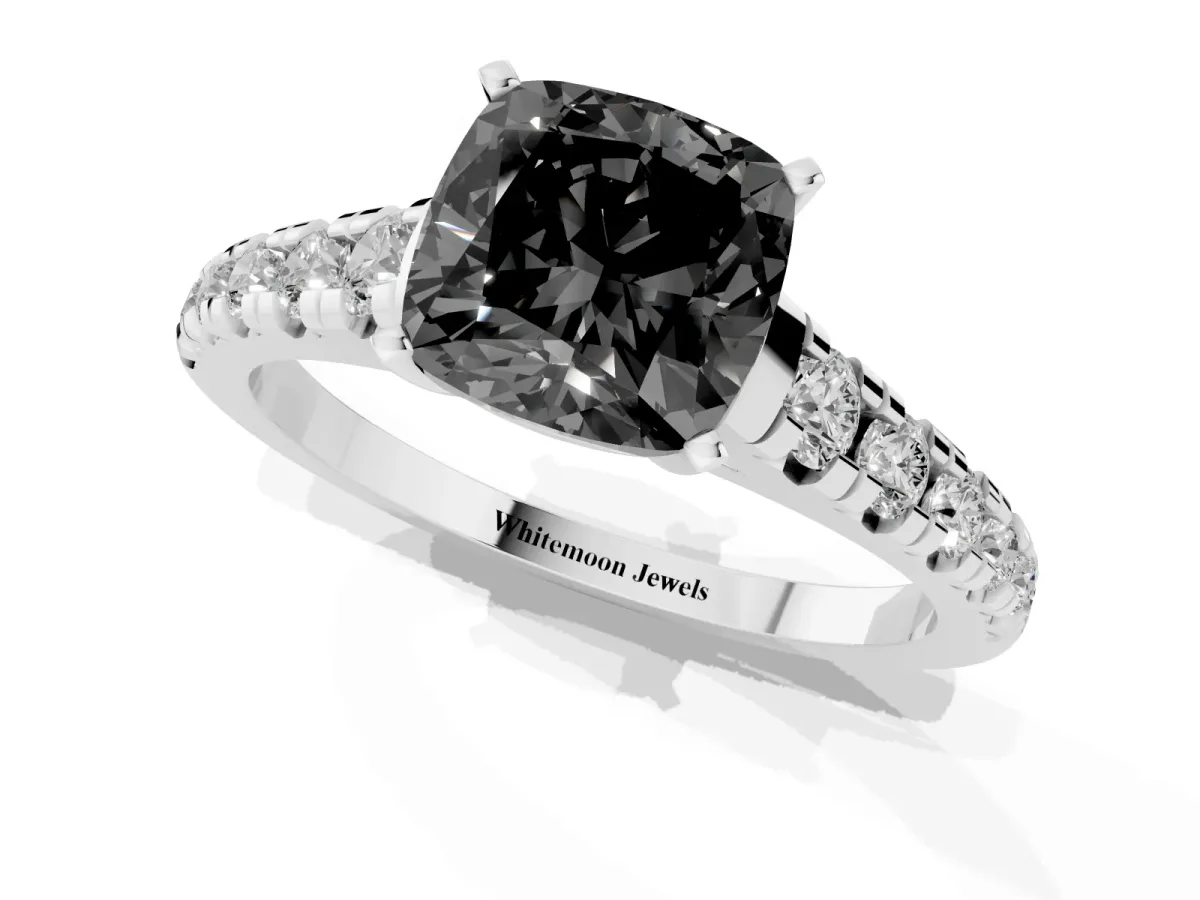 Fancy Black Cushion Cut Diamond Cathedral Solitaire Ring with Round Pavé Band Silver