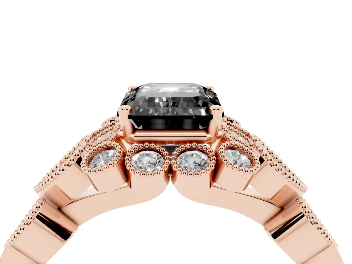 Fancy Black Emerald Cut Brilliant Milgrain Pave Heart Band Solitaire Ring Rose gold