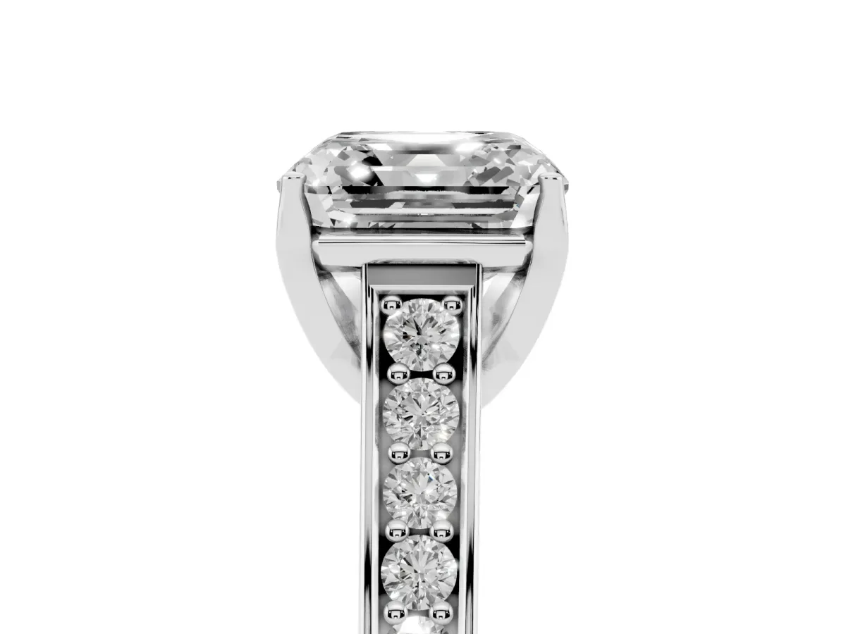 Asscher Cut Brilliant Cut Diamond Engagement Ring with Pavé Band and Four-Prong Setting Silver